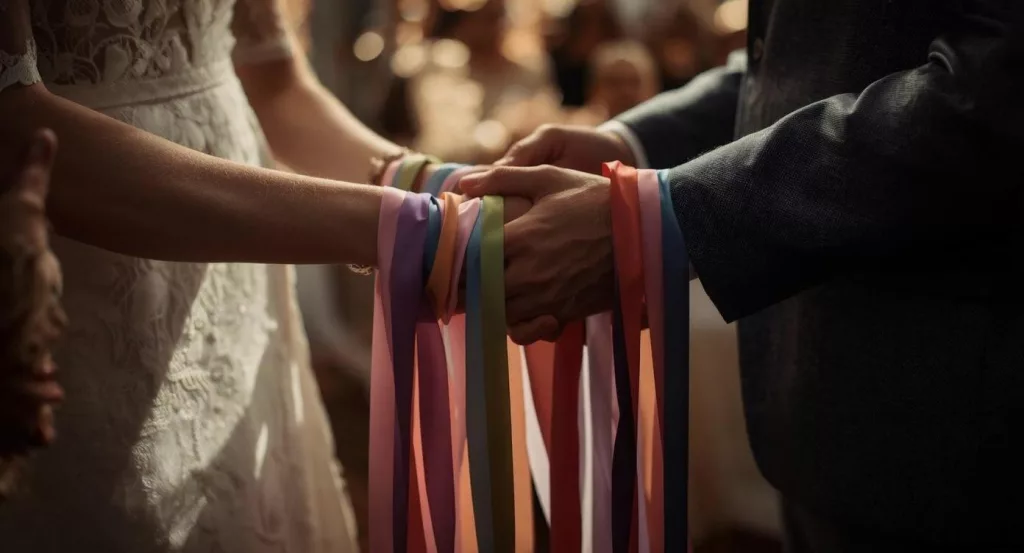 Beim Trauritual Handfasting legen die Herzensmensche bunte Bänder über die Hände des Brautpaares und sprechen gute Wünsche.
