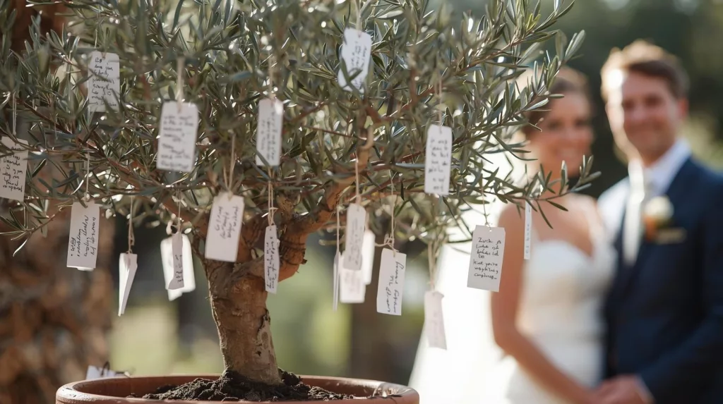 Gäste einer freien Trauung haben Wünsche auf einen Zettel geschrieben und diese an einen Olivenbaum gehangen.